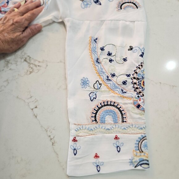 Liv Los Angeles Top Large White Embroidered Boho Floral Turtles Birds - Picture 7 of 12